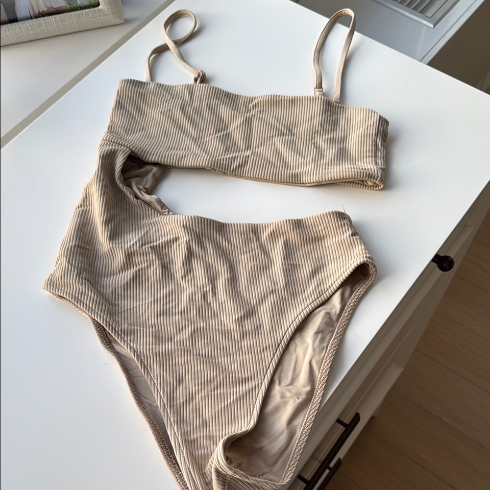 Frankie’s Bikinis Tan Ribbed Cutout One Piece